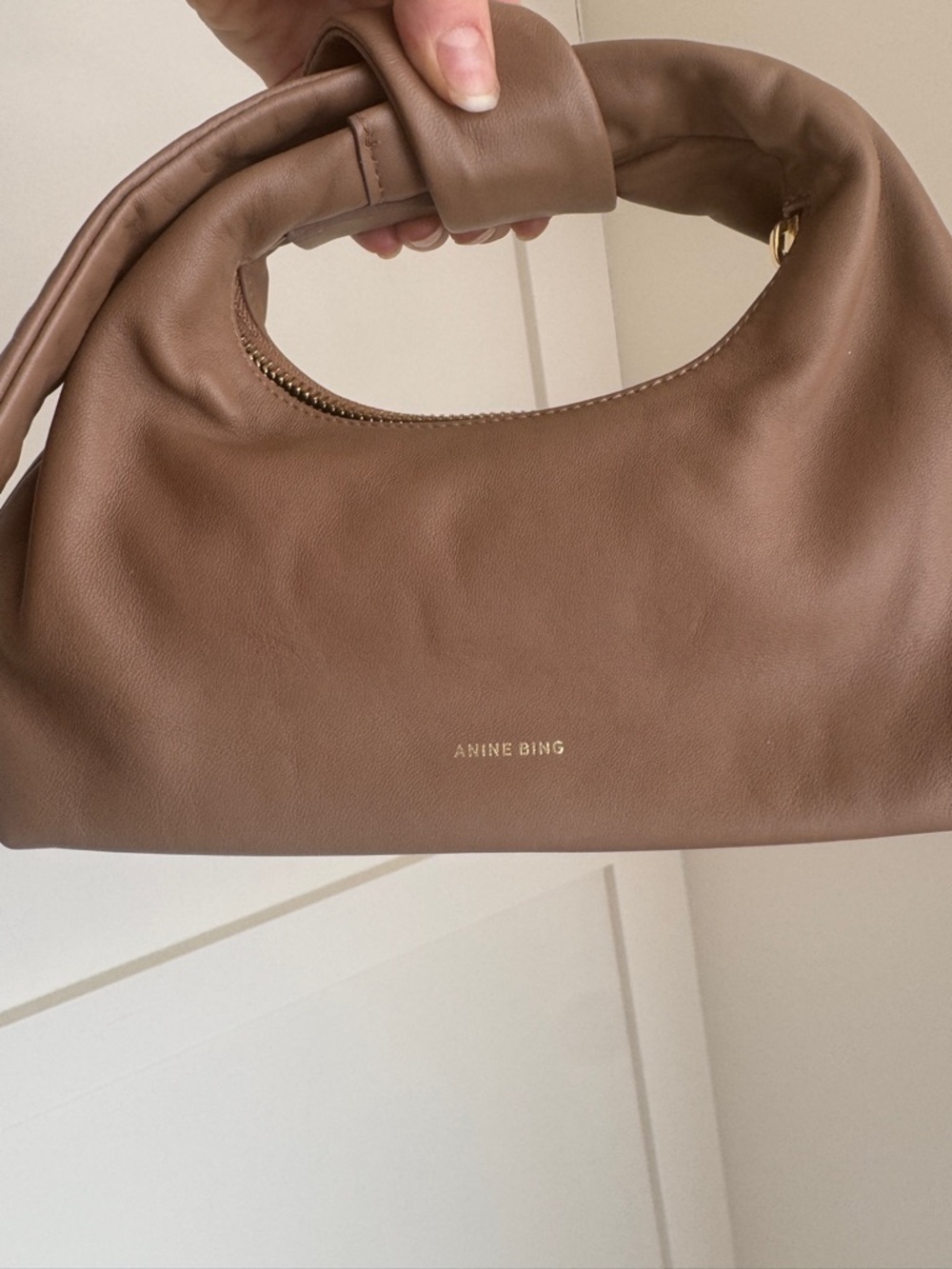 Anine Bing Taupe Brown Leather Knot-Top Shoulder Bag